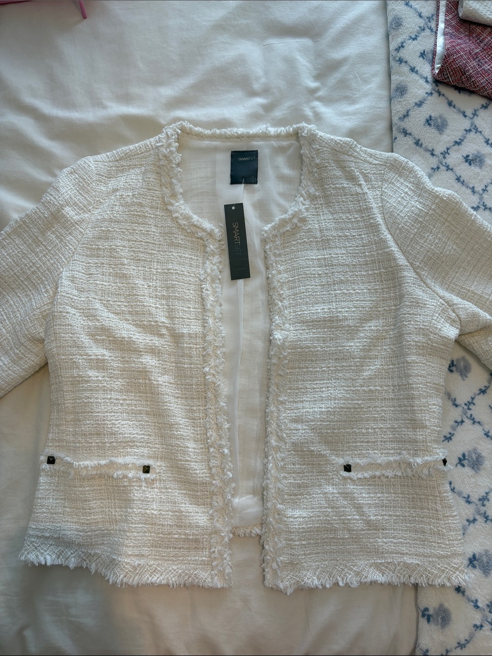 Smart Set Cream Fringe Tweed Open-Front Jacket